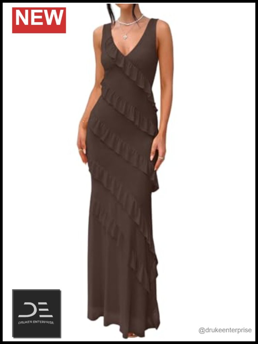 Women's V Neck Mesh Ruffle Maxi Cocktail Wedding Guest Dress